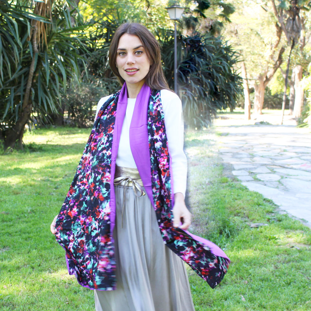 Chal grande estampado reversible · Floral / Morado (40x200cm)