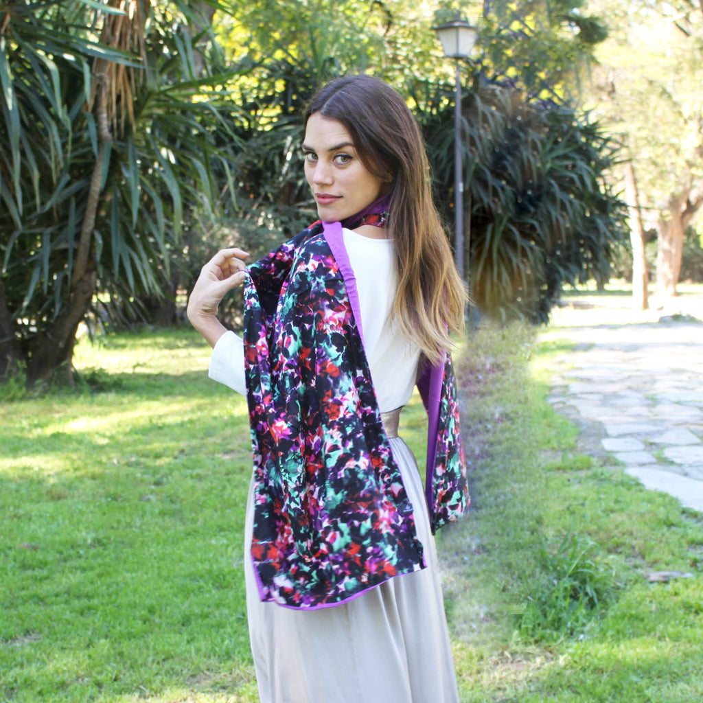 Chal grande estampado reversible · Floral / Morado (40x200cm)