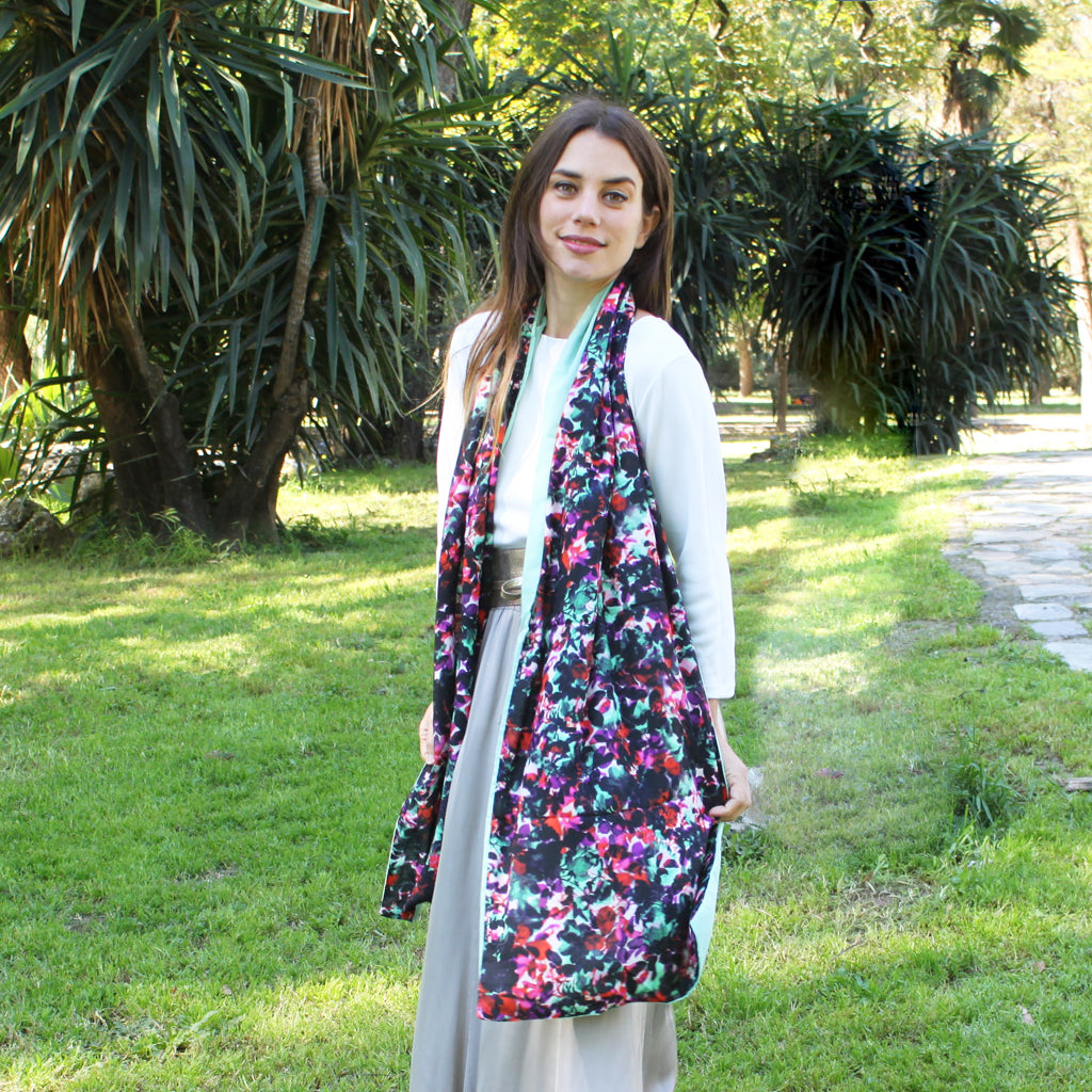Chal grande estampado reversible · Floral / Verde Agua (40x200cm)